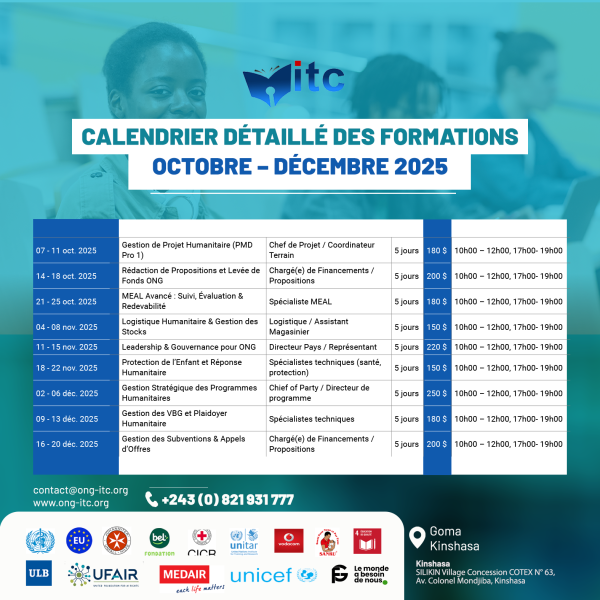Calendrier dtaill des formations Octobre  Dcembre 2025  contactongitc.org 243 821931777 Nous sommes   Abidjan Cameroun Burundi Kigali Goma Kinshasa.